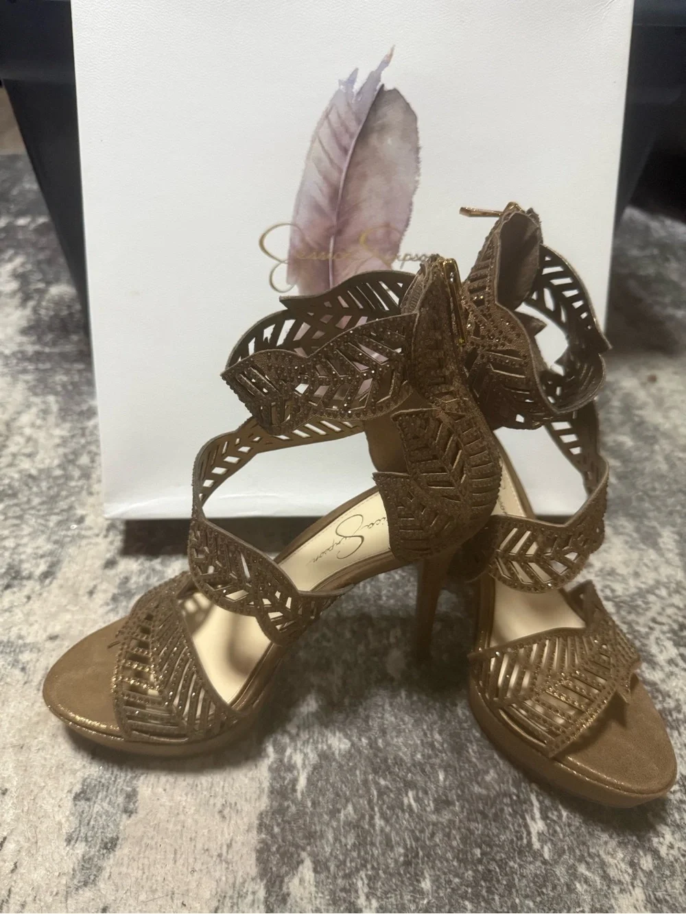 Jessica Simpson Bronze Metallic Laser-Cut Strappy Platform Heels